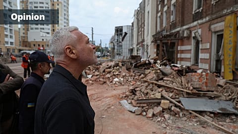FILE: Ihor Terekhov, Kharkiv mayor, looks at an apartment building destroyed in the Russian rocket attack in central Kharkiv, 6 October 2023