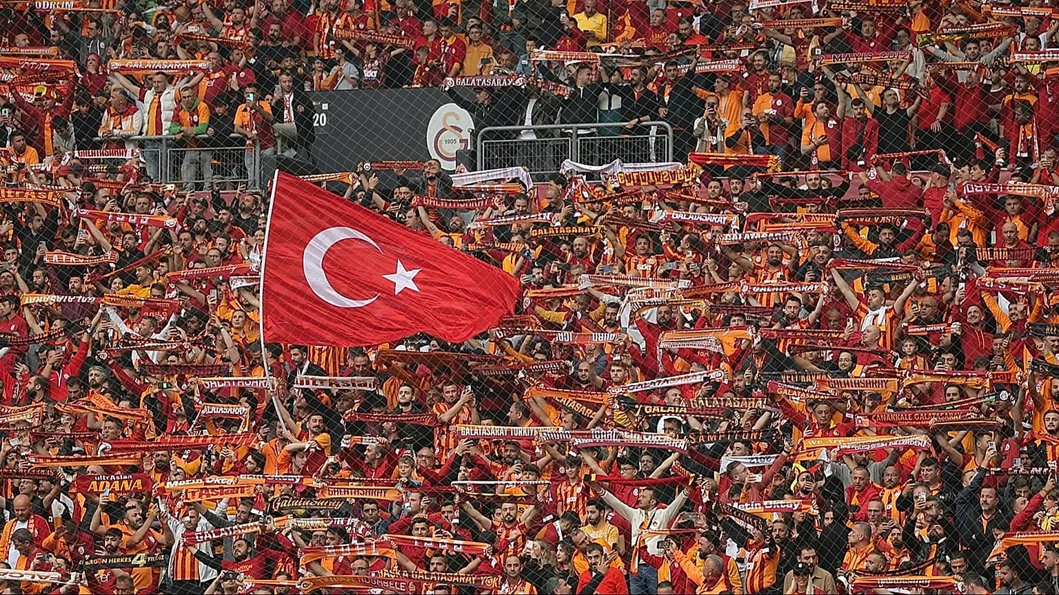 Galatasaray fans cheer during a Turkish Super Lig soccer match between Galatasaray and Fenerbahçe in Istanbul, 19 May, 2024