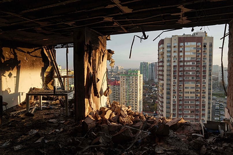 An apartment is seen damaged after a Russian attack on residential neighbourhood in Kyiv, Ukraine, on Friday, Nov. 14, 2025.