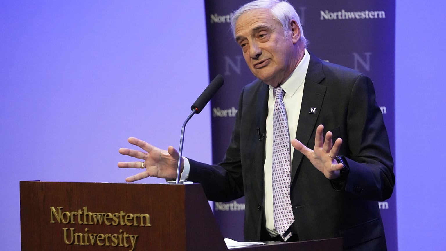 Joel Mokyr speaks after winning the Nobel prize in economics at Northwestern University, Monday, Oct. 13, 2025, in Evanston, Ill.
