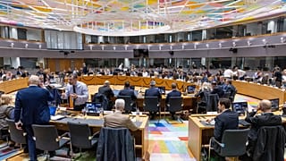 FILE - European Finance Ministers attend a round table meeting of EU finance ministers and EFTA countries at the European Council building in Brussels, Thursday, Nov. 13, 2025
