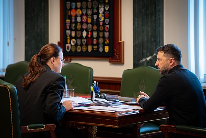Ukraine's president Volodymyr Zelenskyy with Ukraine's Prime Minister Yuliia Svyrydenko at the president's office, Nov 14, 2025