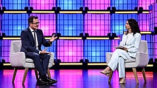 13 November 2025; Des Hogan, Commissioner, Data Protection Commission; Pascale Davies, Tech Reporter, Euronews on Centre Stage during day three of Web Summit 2025 at the MEO A