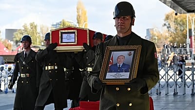 Turkish soldiers carry the coffin of a serviceman who died in a plane crash in Georgia, 14 November, 2025