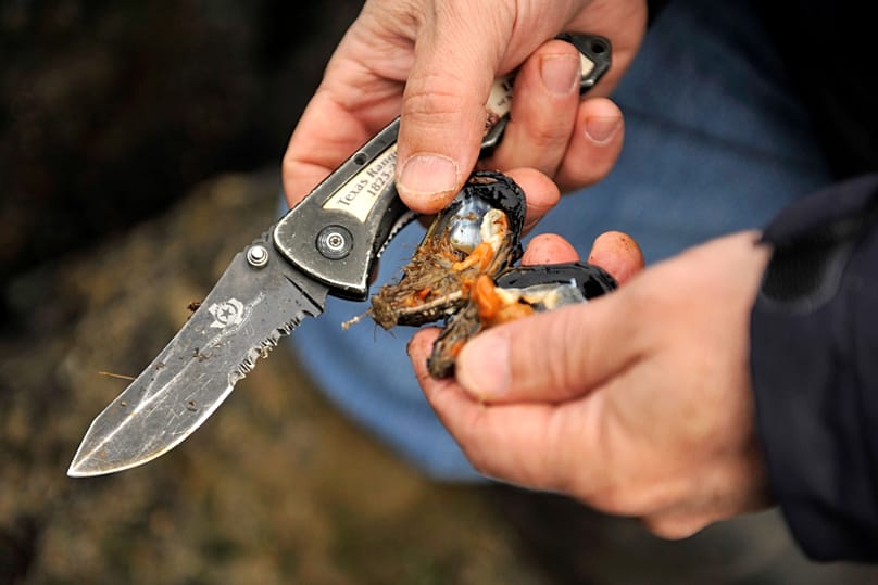 Mann öffnet Muschel