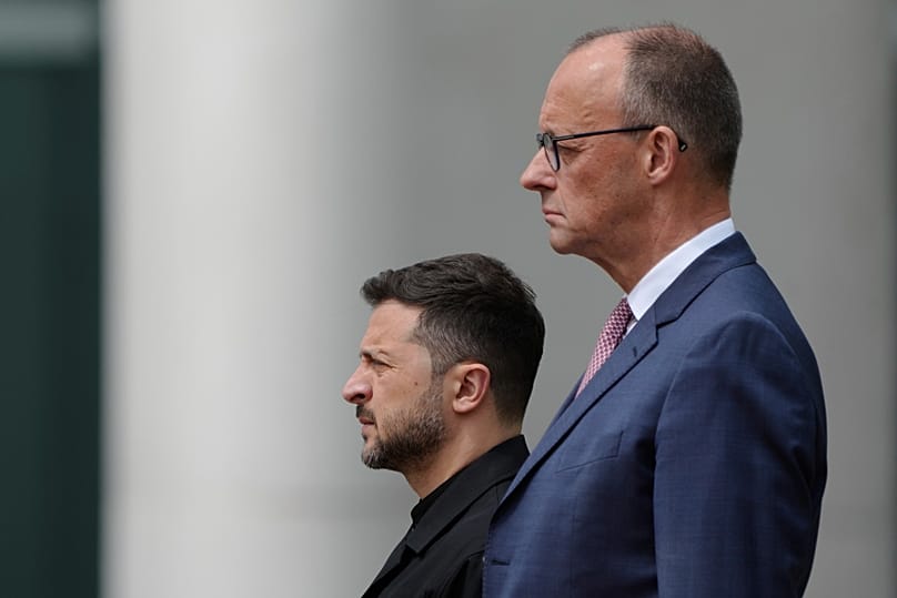 Der deutsche Bundeskanzler Friedrich Merz mit dem  ukrainischen Präsidenten Wolodymyr Selenskyj, 28. Mai 2025