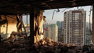 Um apartamento é visto danificado após um ataque russo a um bairro residencial em Kiev, a 14 de novembro de 2025