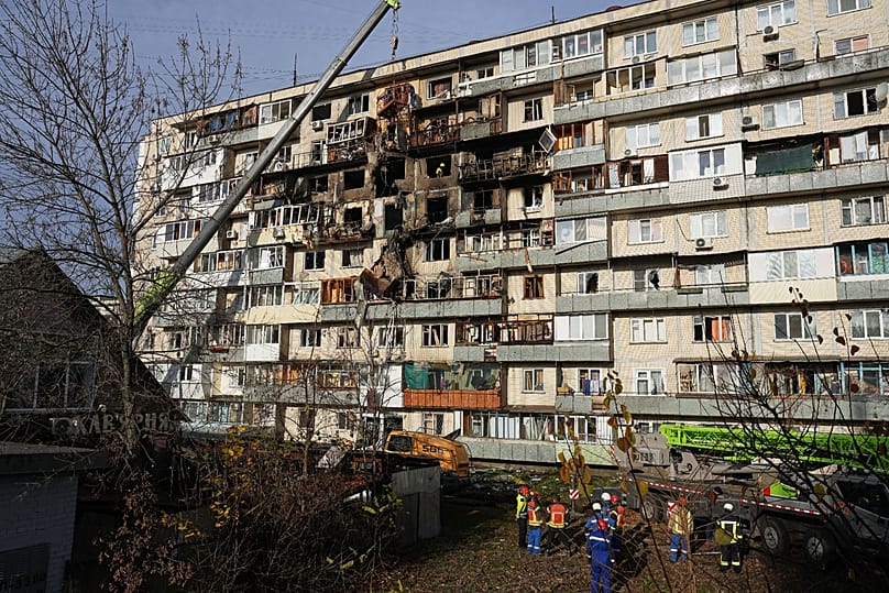 An apartment is seen damaged after a Russian attack on residential neighbourhood in Kyiv, 14 November, 2025