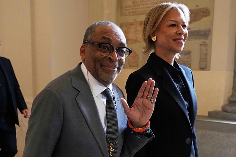 Film director Spike Lee and his wife, Tonya Lewis Lee leave at the end of an audience of Pope Leo XIV with actors and directors from the cinema at the Vatican,  Nov. 15, 2025.