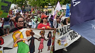 Activists participate in a climate protest during the COP30 UN Climate Summit, Saturday, Nov. 15, 2025, in Belem, Brazil. (AP Photo/Joshua A. Bickel)