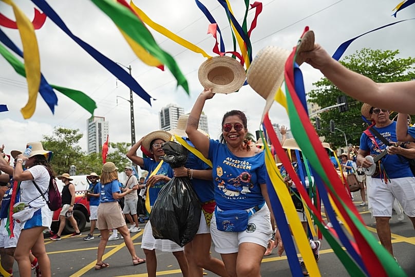 Activists participate in a climate protest during the COP30 UN Climate Summit, Saturday, Nov. 15, 2025, in Belem, Brazil. (AP Photo/Joshua A. Bickel)