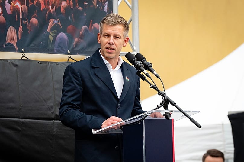 Leader of the Hungarian opposition Tisza Party Peter Magyar delivers his speech during the party's nationwide roadshow in Gyor, Hungary, Saturday, Nov. 15, 2025.