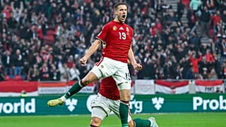 Varga Barnabás a gólját ünnepli a Magyarország - Írország labdarúgó világbajnoki selejtező mérkőzésen a Puskás Arénában 2025. november 16-án 