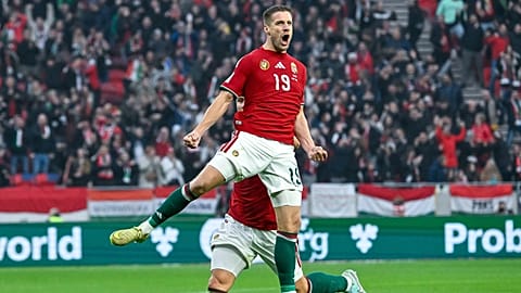 Varga Barnabás a gólját ünnepli a Magyarország - Írország labdarúgó világbajnoki selejtező mérkőzésen a Puskás Arénában 2025. november 16-án 