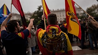 Simpatizantes de la extrema derecha ondean banderas españolas preconstitucionales durante una concentración en Madrid, el 20 de noviembre de 2016.