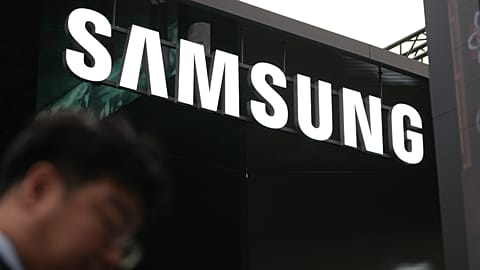 A logo of Samsung Electronics is seen at an exhibition hall for the Asia-Pacific Economic Cooperation (APEC) in Gyeongju, South Korea. 30 Oct. 2025.