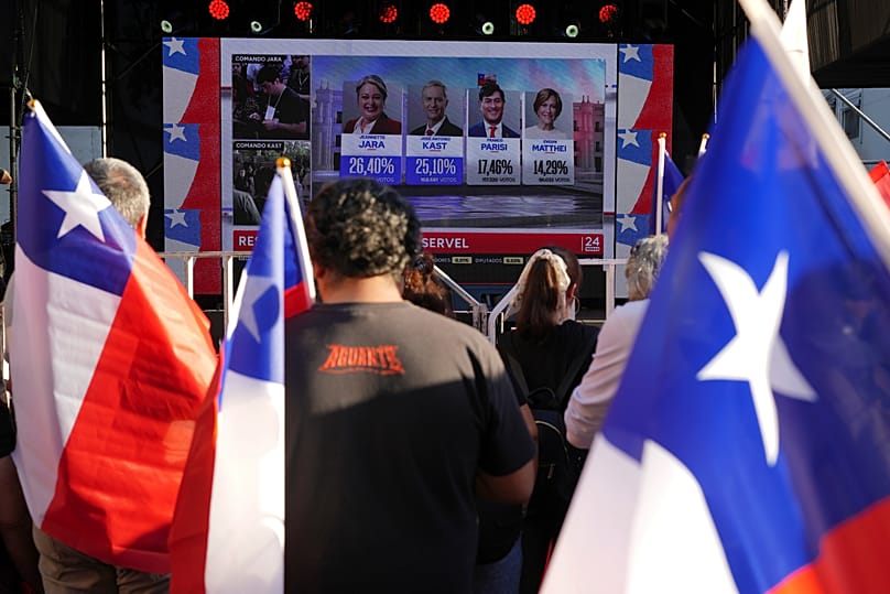 Supporters of presidential candidate Jeannette Jara of the Unidad por Chile coalition watch results come in during general elections in Santiago, Chile, Sunday, Nov. 16, 2025.