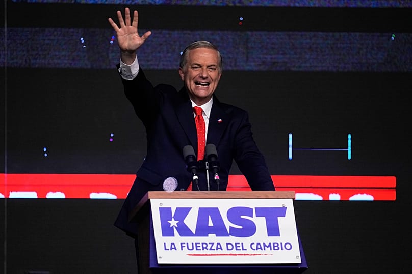 Presidential candidate Jose Antonio Kast of the Republican Party, waves to supporters after early results in the general elections in Santiago, Chile, Sunday, Nov. 16, 2025. 