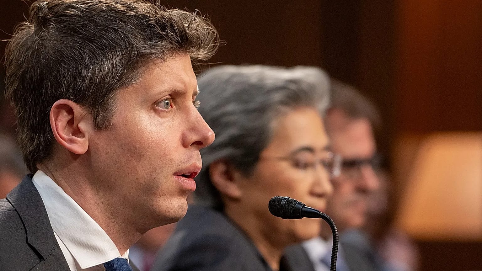 Sam Altman, Co-Founder and Chief Executive Officer, OpenAI, from left, testifies before a Senate Committee on Commerce