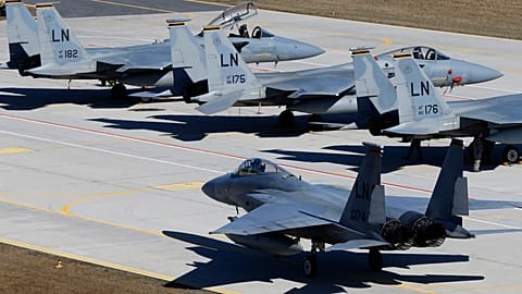 U.S. F15C Eagle jet fighter prepares for take off during the Lithuanian - NATO air force exercise at the Siauliai airbase, Lithuania, 1 April 2014. 