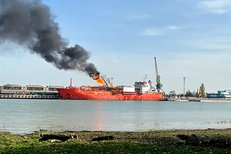 A cargo ship loaded with liquified petroleum gas engulfed by flames following Russian strikes on Ukrainian port infrastructure in Izmail, 17 November, 2025