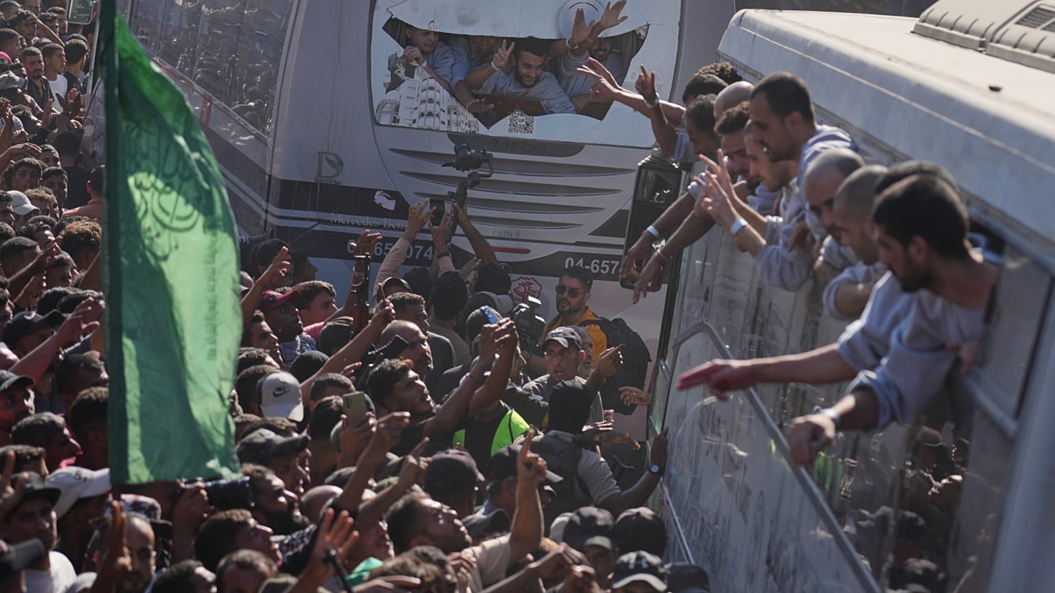 FILE - People gather to greet freed Palestinian prisoners under a ceasefire agreement between Hamas and Israel, southern Gaza Strip, Oct. 13, 2025.