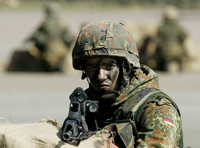 FILE: A German Army soldier guards the scene during a demonstration exercise at the navy base of the German Navy in Eckernfoerde at the Baltic Sea, 19 April 2005