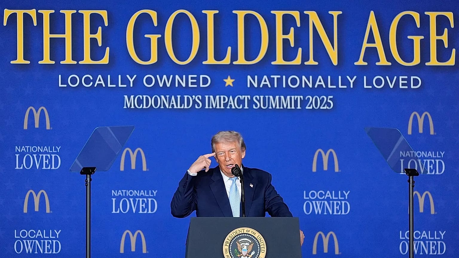 President Donald Trump speaks at the McDonald's Impact Summit, Washington. 17 Nov. 2025.