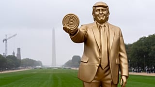 Статуя президента Дональда Трампа с биткоином на Национальной аллее в Вашингтоне