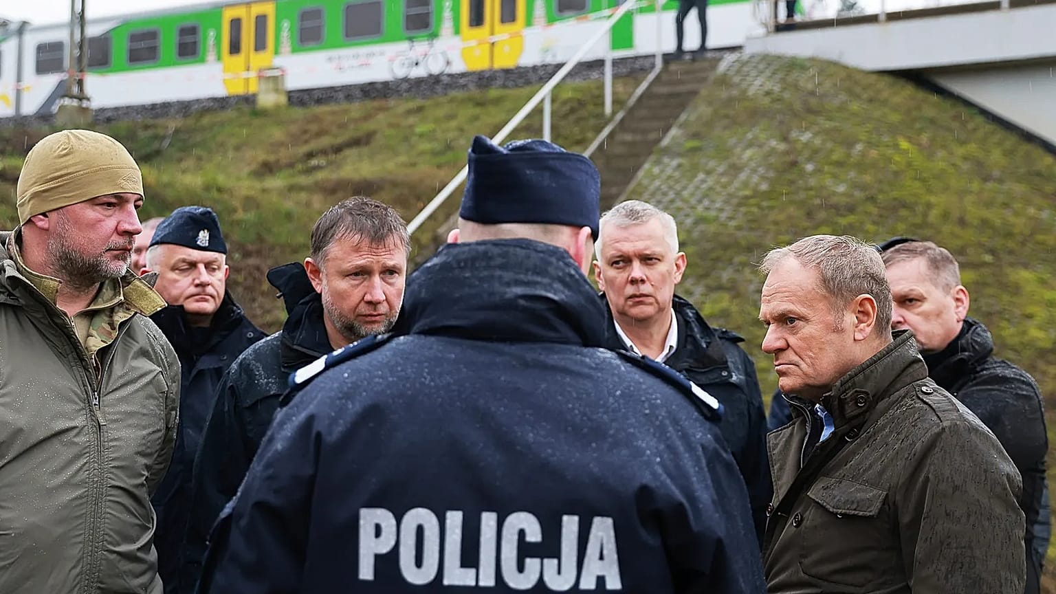 Poland’s Prime Minister Donald Tusk visits the site of a rail line that was damaged by sabotage near Dęblin, 17 November, 2025