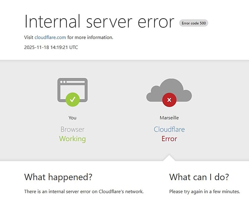 Capture d'un site touché par la panne dans la matinée du 18 novembre