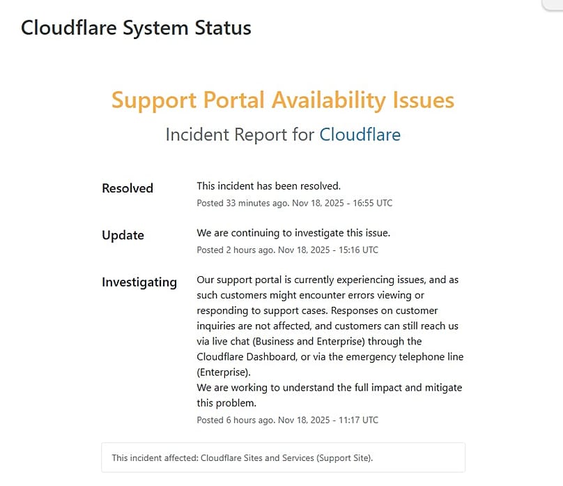 Capture du site de maintenance de Cloudfare vers 18h CET. 