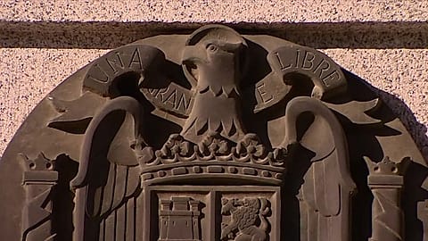 ARCHIVE - Francoist symbol on a building in Spain.