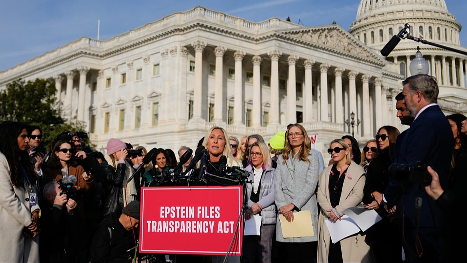Rep. Marjorie Taylor Greene, R-Ga., speaks during a news conference on the Epstein Files Transparency Act, Tuesday, Nov. 18, 2025, outside the U.S. Capitol in Washington