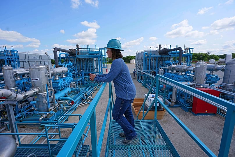 BKV Carbon Ventures senior facility engineer of a compression station at a carbon capture and sequestration facility in Bridgeport, Texas, May 2025.