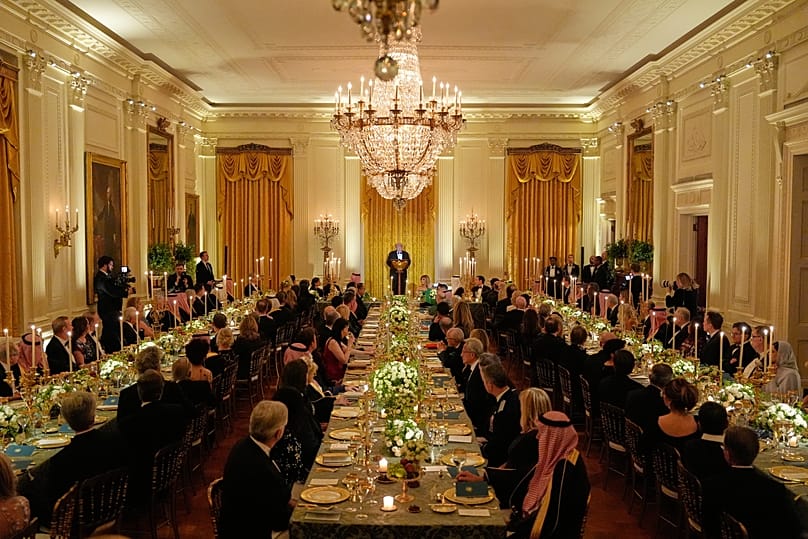 President Donald Trump speaks during a dinner with Saudi Arabia's Crown Prince Mohammed bin Salman in the East Room of the White House, Tuesday, Nov. 18, 2025, in Washington.