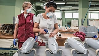 Workers in a Bulgarian factory run by VMZ Sopot, which specialises in explosives and pyrotechnic compounds.