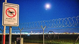 Un cartello che vieta i droni all'aeroporto di Monaco di Baviera, 3 ottobre 2025