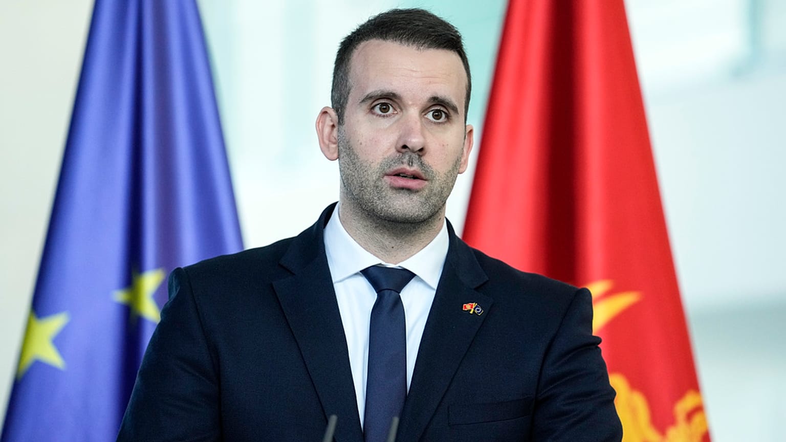 Montenegro's Prime Minister Milojko Spajic speaks during a press conference in 2024.