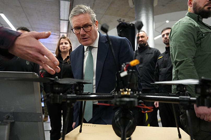 British Prime Minister Keir Starmer attends a presentation of Ukrainian military drones at an undisclosed location in Kyiv, 16 January, 2025