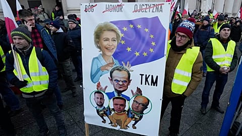 Polish farmers protest outside European Union Commission offices against the planned trade deal between the EU and South American nations.