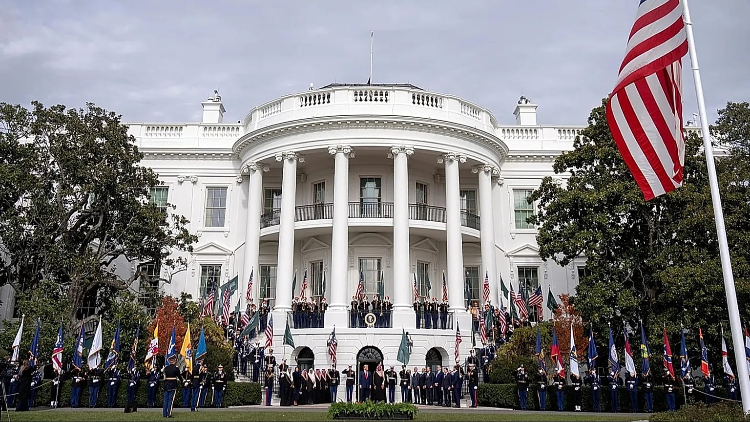 Military jets fly over the White House as President Donald Trump welcomes Saudi Arabia's Crown Prince Mohammed bin Salman, 18 November, 2025