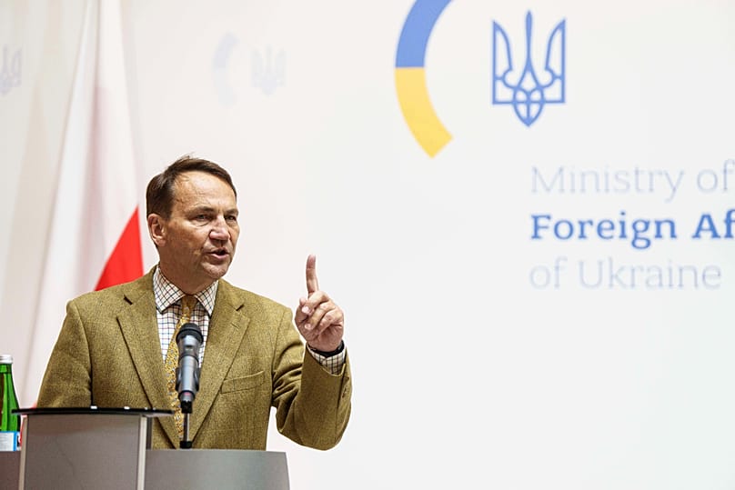 Poland's Foreign Minister Radosław Sikorski speaks during press conference in Kyiv, 12 September, 2025