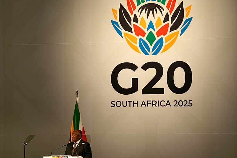 South Africa's President Cyril Ramaphosa addresses delegates at G20 Finance Ministers and Central Bank Governors meeting in Cape Town, 26 February, 2025