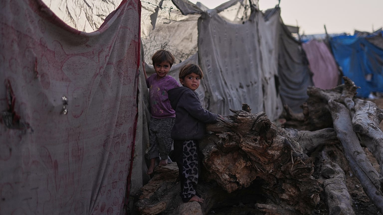 ينظر أطفال فلسطينيون إلى الكاميرا أثناء لعبهم في مخيّم مؤقّت للنازحين في الزوايدة، وسط قطاع غزة، الثلاثاء 18 تشرين الثاني/نوفمبر 2025. 