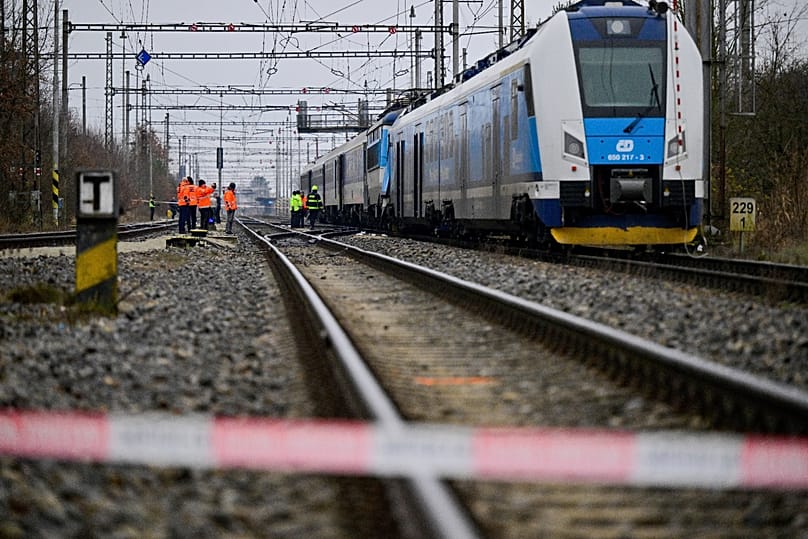 The scene after an express train collided with a passenger train on the line between Zliv and Dívčice in the České Budějovice region, 20 November, 2025