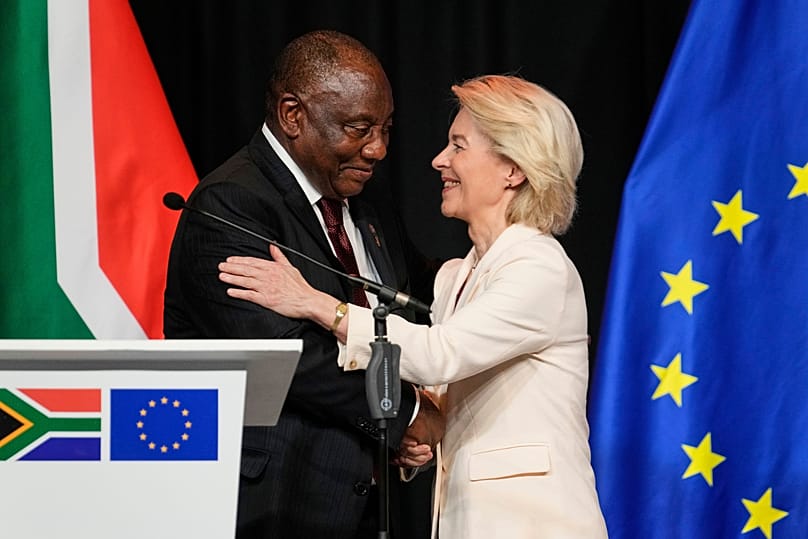 South African President Cyril Ramaphosa and European Commission President Ursula von der Leyen at the end of their media conference in Johannesburg, South Africa, November 20
