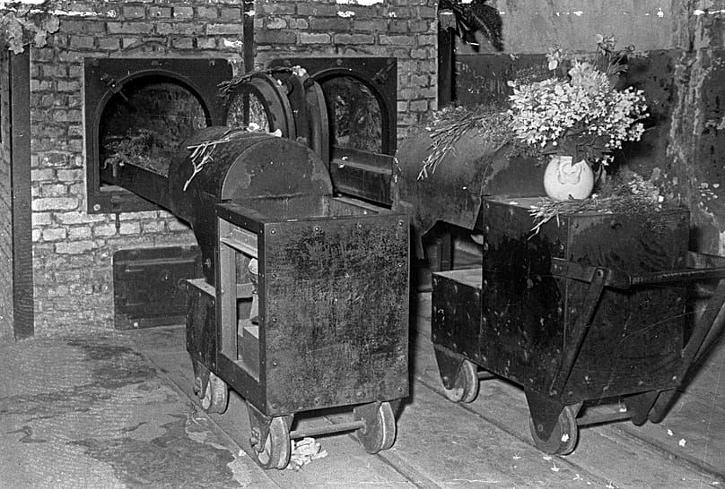 This undated photo shows the inside of a crematorium with trolly cars used to transport bodies to the gas chambers at the former Nazi concentration camp in Auschwitz-Birkenau.