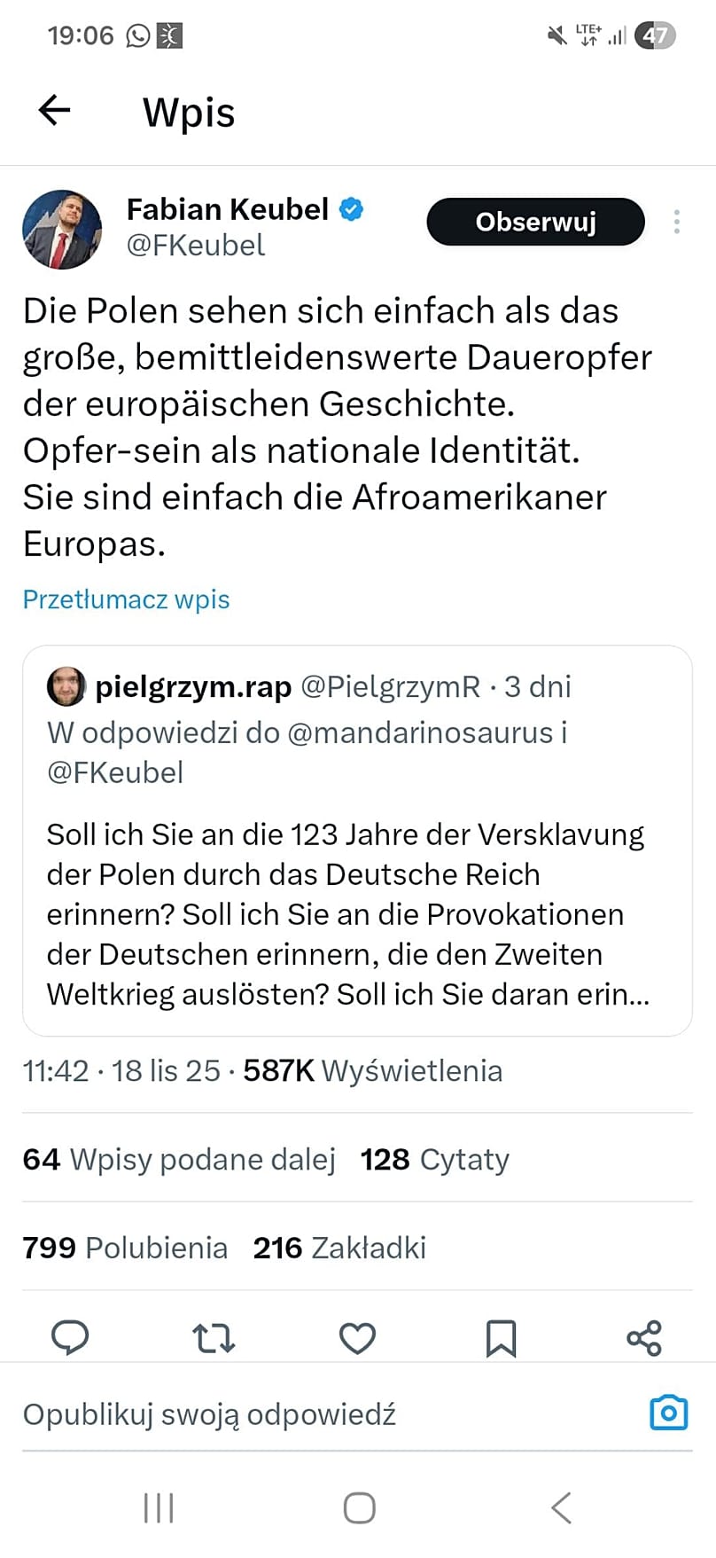 Screenshot von X in Polen. In Deutschland ist der Tweet nicht mehr abrufbar und wurde nach geltendem Recht blockiert, so der Hinweis auf der Social Media Plattform