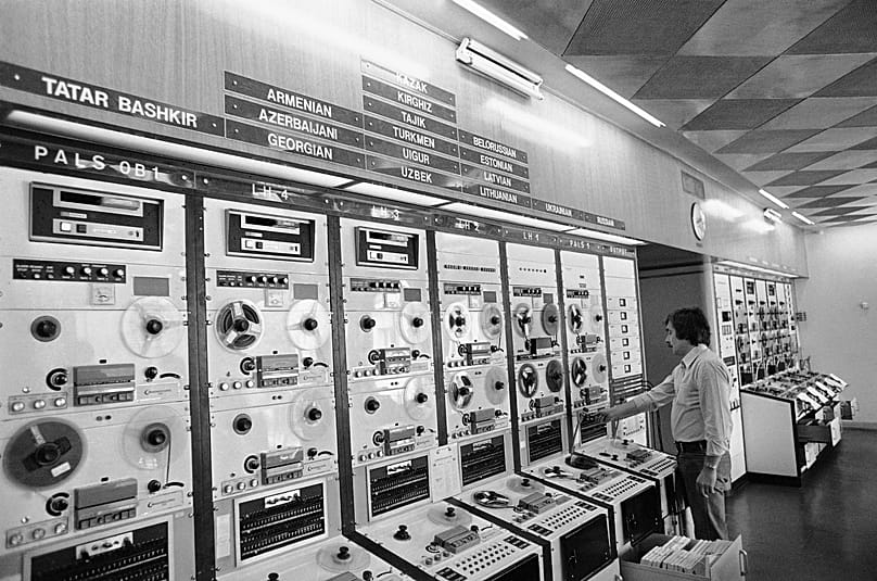 A technician at Radio Free Europe mans the control board in Munich where tapes in different languages carry broadcasts to eastern European countries, 11 August, 1977